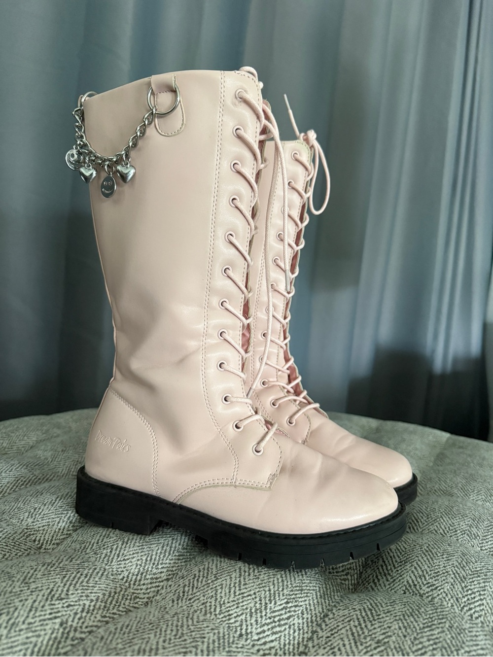 Women’s Lace-Up Knee-High Boots in Pale Pink